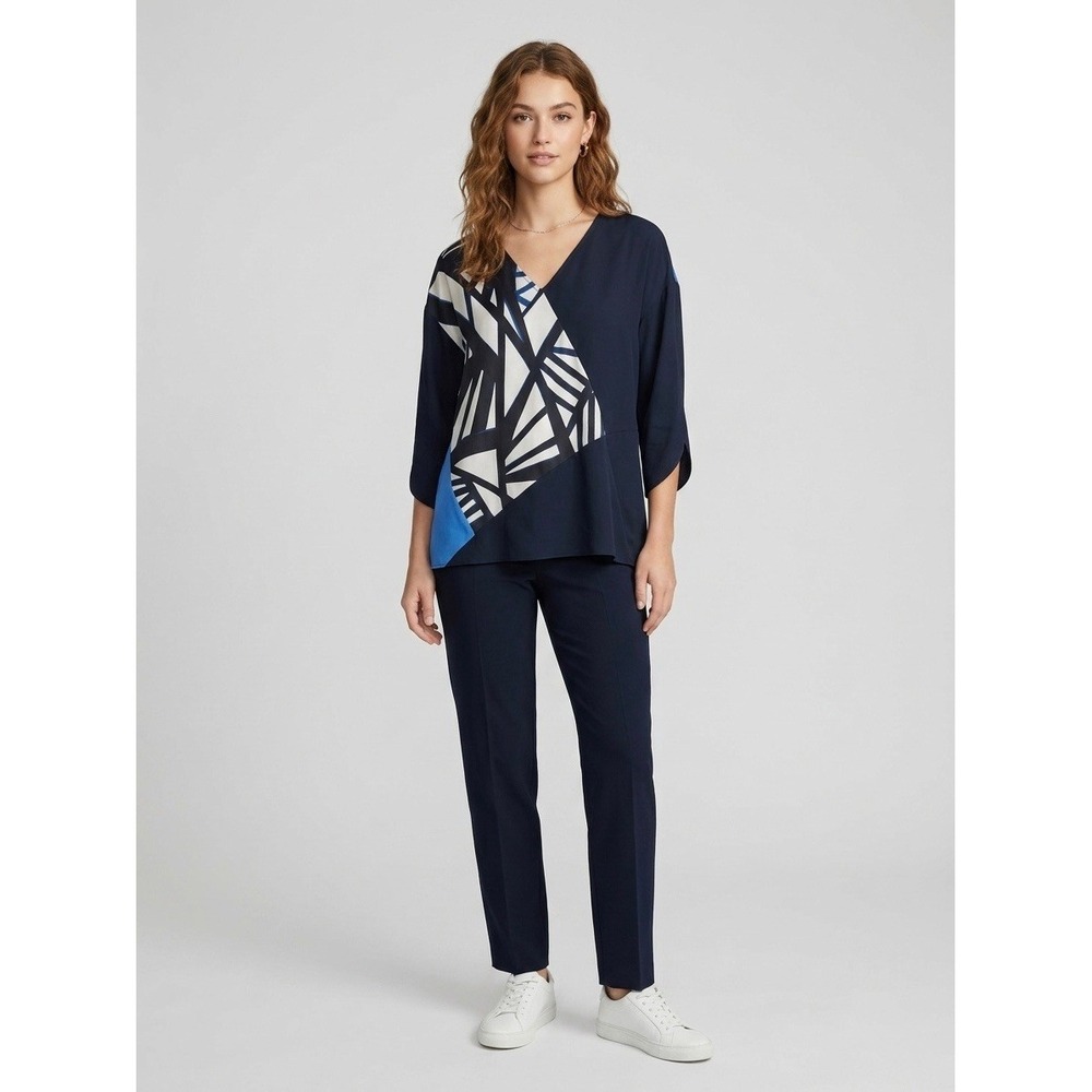 Lafayette 148 New York 100% Silk Geometric Abstract V-Neck Blouse Navy Blue M